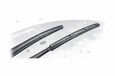 Two windshield wipers sweeping snow off a car windshield.