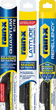 Three Rain-X windshield wiper blade packages: Quantum Elite, Latitude, and Flex with blue, white, and yellow packaging lined up side by side.