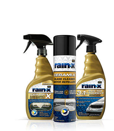 MH-PRO-Featured_2026 - Rain-X Three Rain‑X spray bottles with a central Rain‑X container, labeled Ceramic‑X Glass Cleaner, Water Repellent, and 3‑in‑1 Bug/Tar Remover.